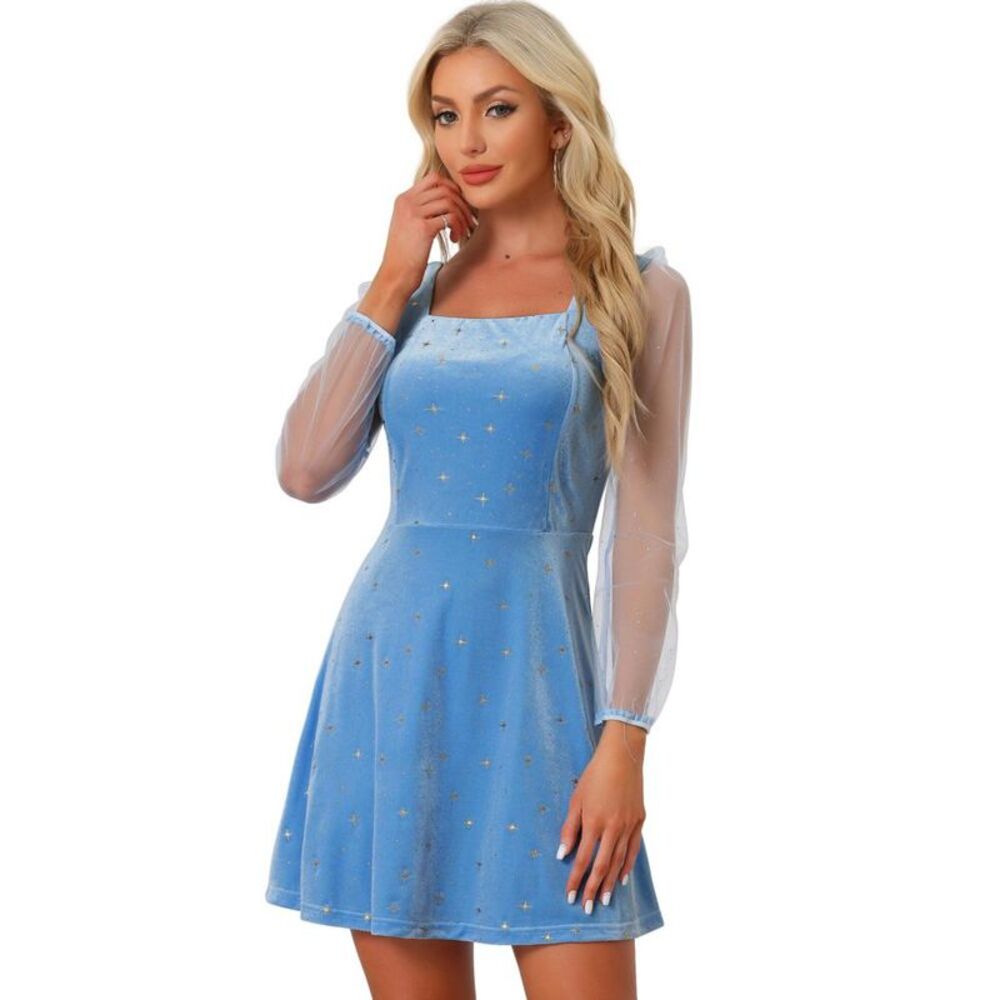 Women's Mesh Sheer Puff Sleeve Glitter Star Velvet Mini Dress Sky Blue S